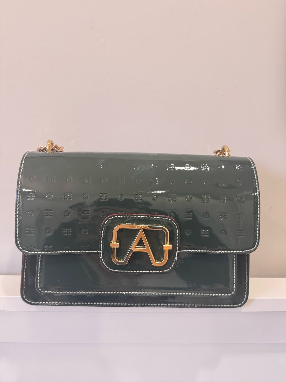 Arcadia Glossy Dark Green Patent Shoulder Bag with Gold A Emblem